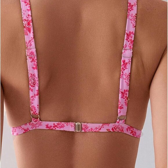 Women's Floral Print Triangle String Bikini Set - Medium - Pink - Picture 5 of 6